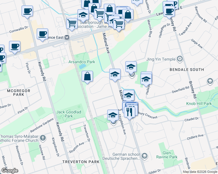map of restaurants, bars, coffee shops, grocery stores, and more near in Toronto