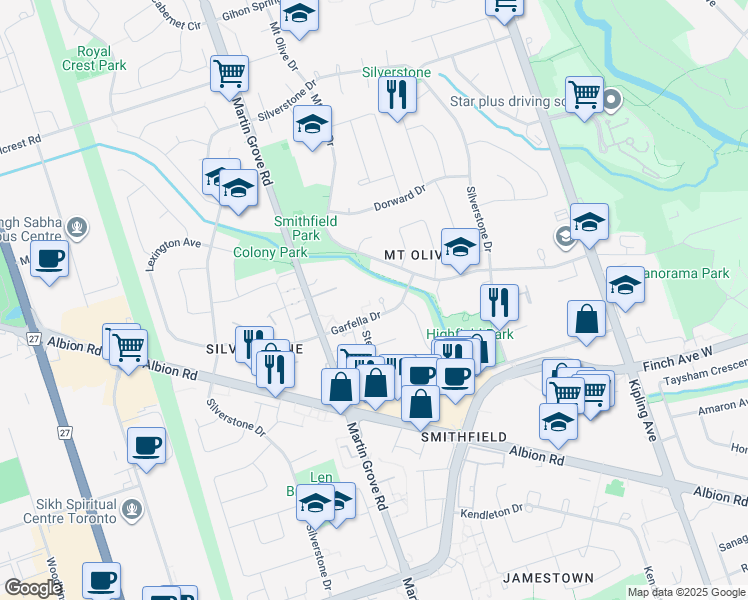map of restaurants, bars, coffee shops, grocery stores, and more near 117 Mount Olive Drive in Toronto