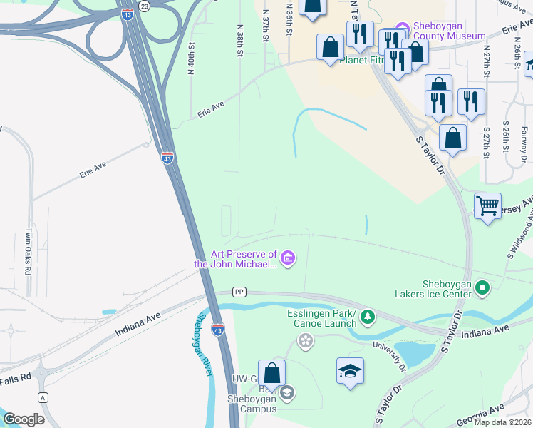 map of restaurants, bars, coffee shops, grocery stores, and more near 1115 Greendale Road in Sheboygan