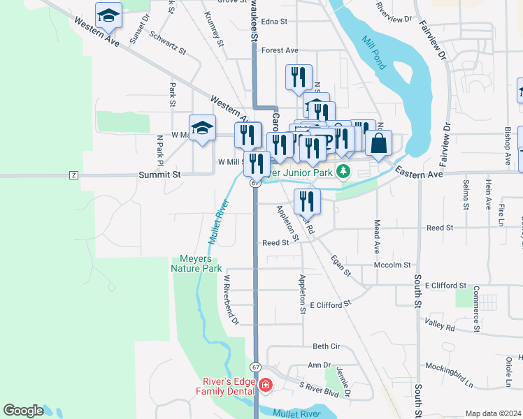 map of restaurants, bars, coffee shops, grocery stores, and more near 33 South Milwaukee Street in Plymouth