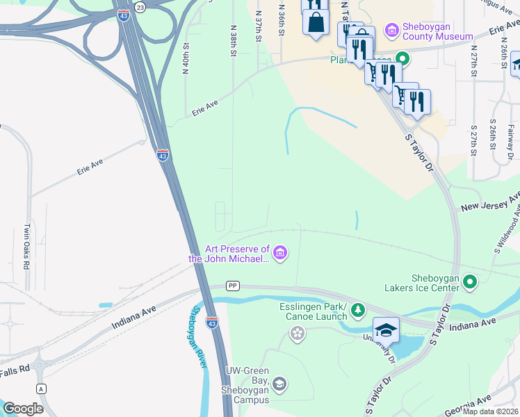 map of restaurants, bars, coffee shops, grocery stores, and more near 1115 Greendale Road in Sheboygan