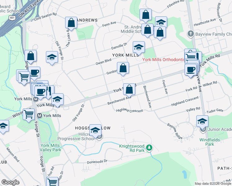 map of restaurants, bars, coffee shops, grocery stores, and more near 133 York Mills Road in Toronto