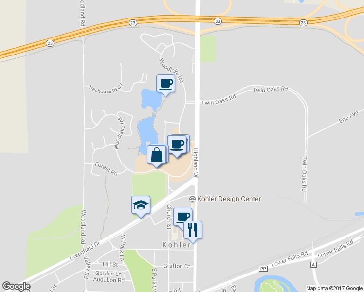 map of restaurants, bars, coffee shops, grocery stores, and more near in Kohler