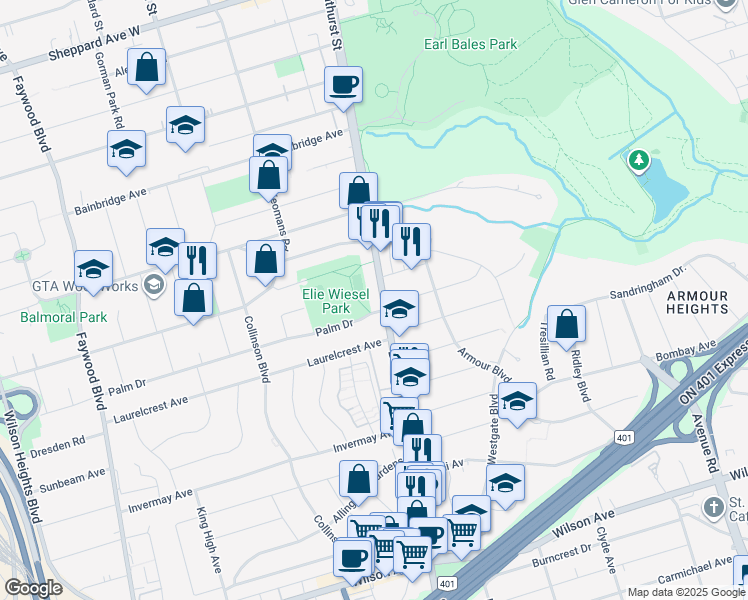 map of restaurants, bars, coffee shops, grocery stores, and more near 4100 Bathurst Street in Toronto