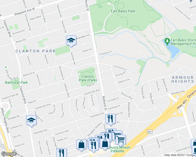 map of restaurants, bars, coffee shops, grocery stores, and more near in Toronto