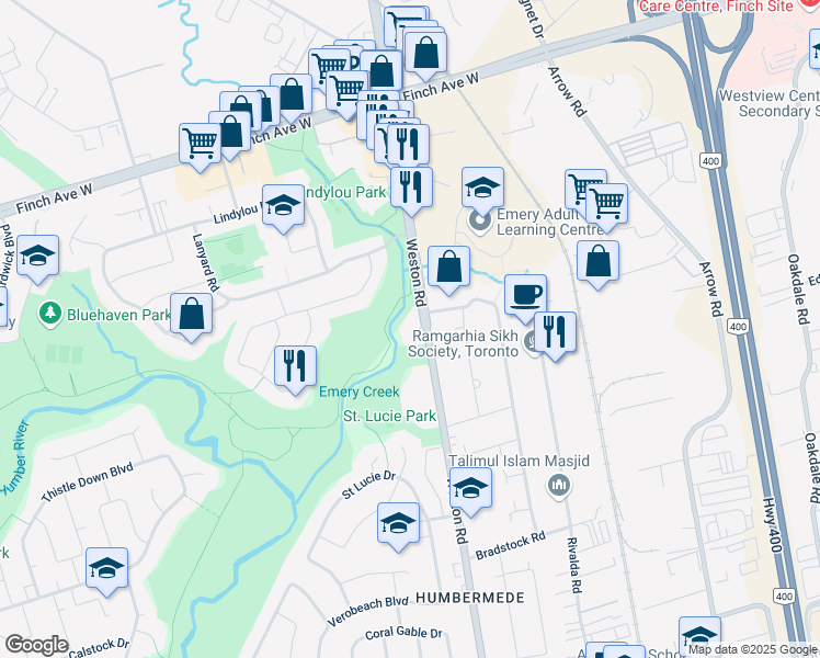 map of restaurants, bars, coffee shops, grocery stores, and more near 3350 Weston Road in Toronto