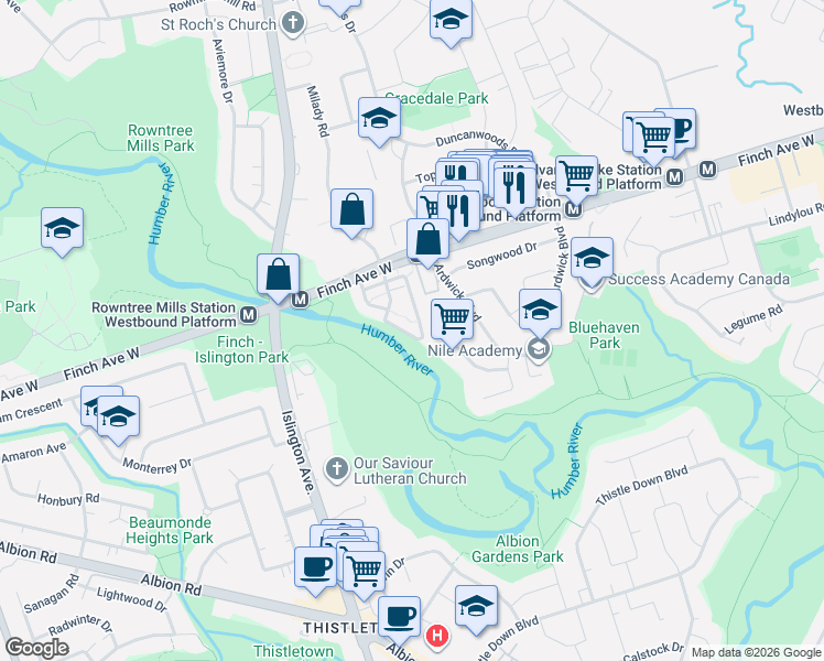 map of restaurants, bars, coffee shops, grocery stores, and more near 3035 Finch Avenue West in Toronto