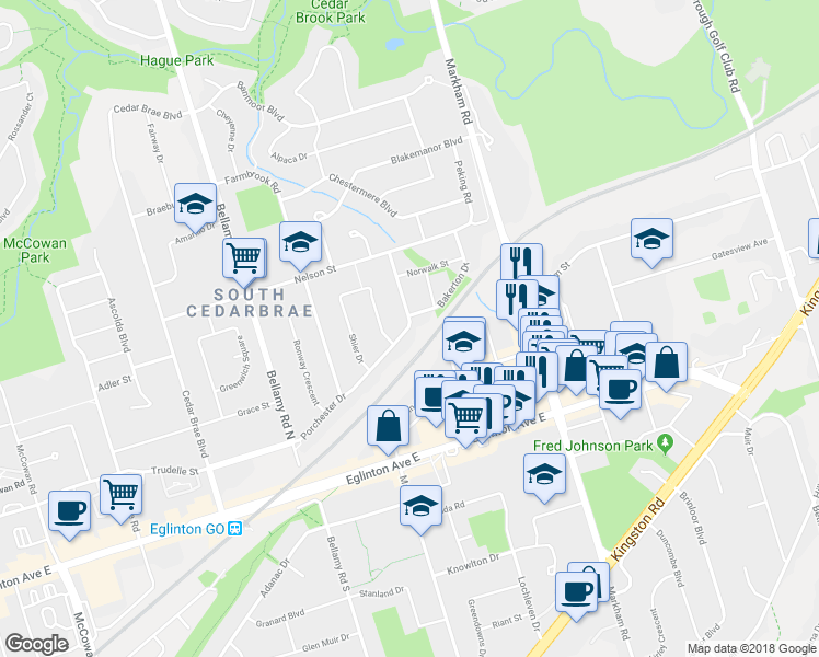 map of restaurants, bars, coffee shops, grocery stores, and more near 115 Porchester Drive in Toronto