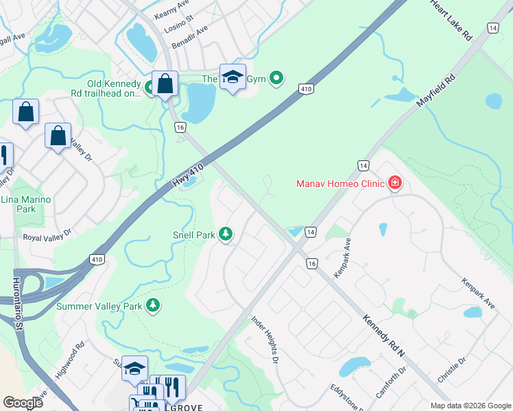 map of restaurants, bars, coffee shops, grocery stores, and more near 19982 Kennedy Road North in Regional Municipality of Peel