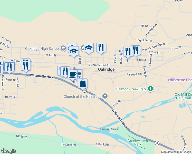 map of restaurants, bars, coffee shops, grocery stores, and more near 76353 Willamette Way in Oakridge