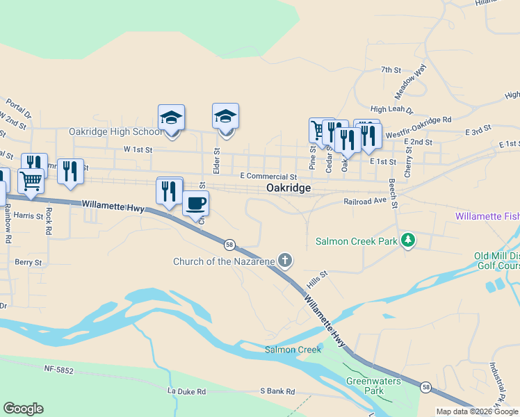 map of restaurants, bars, coffee shops, grocery stores, and more near 76353 Willamette Way in Oakridge