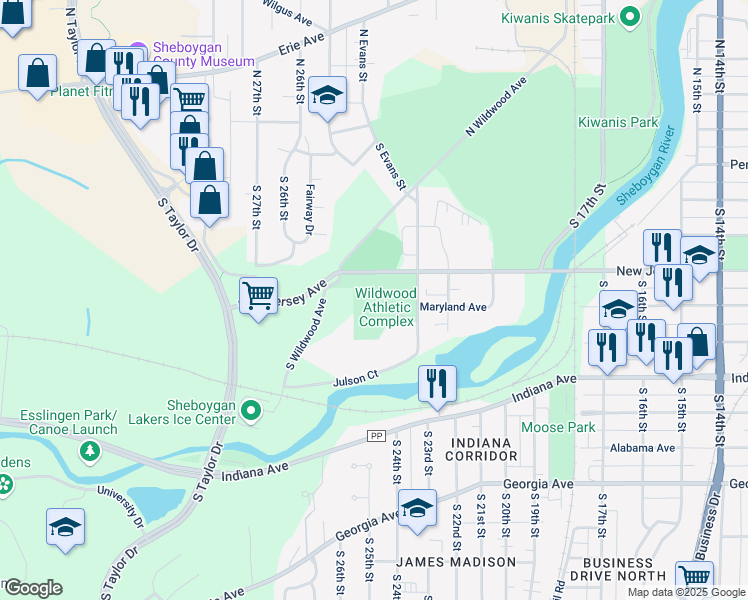 map of restaurants, bars, coffee shops, grocery stores, and more near 2239 New Jersey Avenue in Sheboygan