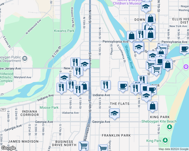 map of restaurants, bars, coffee shops, grocery stores, and more near 1320 Maryland Avenue in Sheboygan