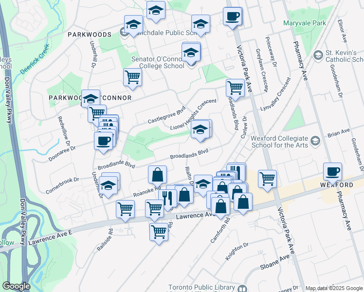 map of restaurants, bars, coffee shops, grocery stores, and more near 39 Muircrest Drive in Toronto