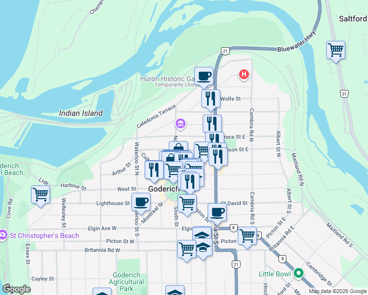 map of restaurants, bars, coffee shops, grocery stores, and more near 1 Nelson Street East in Goderich