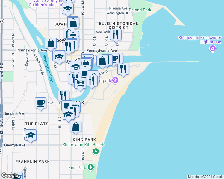 map of restaurants, bars, coffee shops, grocery stores, and more near 725 Blue Harbor Drive in Sheboygan