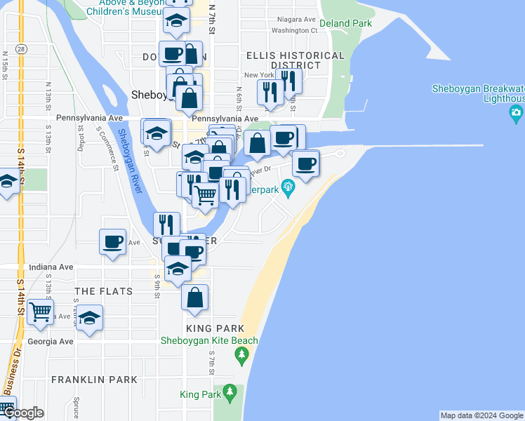 map of restaurants, bars, coffee shops, grocery stores, and more near 802 Blue Harbor Drive in Sheboygan