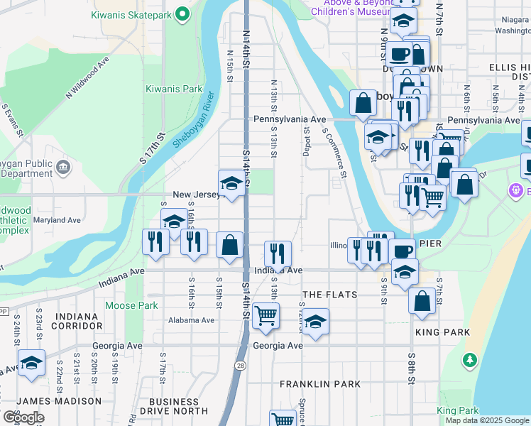 map of restaurants, bars, coffee shops, grocery stores, and more near 814 South 13th Street in Sheboygan