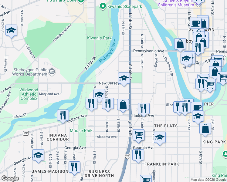 map of restaurants, bars, coffee shops, grocery stores, and more near 813 South 16th Street in Sheboygan