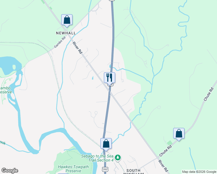 map of restaurants, bars, coffee shops, grocery stores, and more near 106 Main Street in Windham
