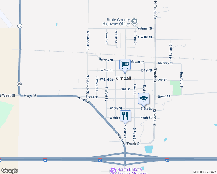 map of restaurants, bars, coffee shops, grocery stores, and more near 201-205 South West Street in Kimball