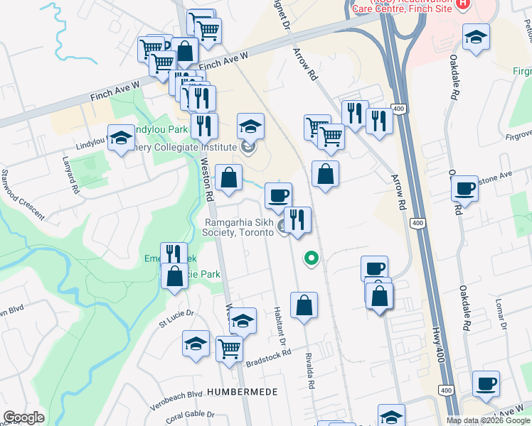 map of restaurants, bars, coffee shops, grocery stores, and more near 149 Habitant Drive in Toronto