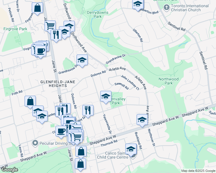 map of restaurants, bars, coffee shops, grocery stores, and more near 86 Sawmill Road in Toronto