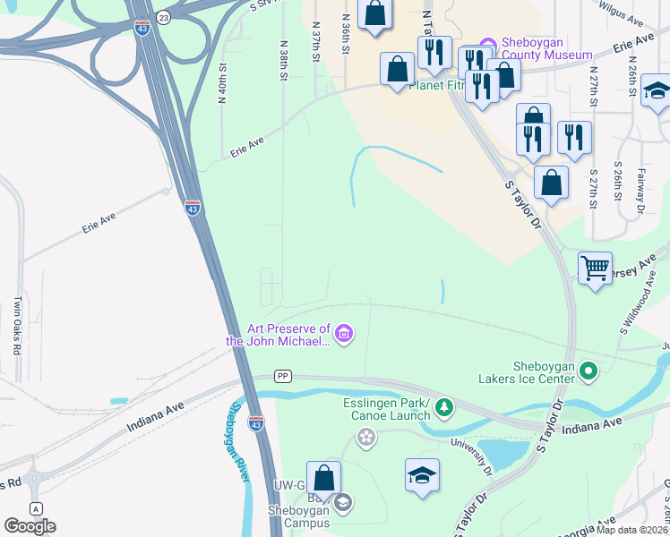 map of restaurants, bars, coffee shops, grocery stores, and more near 1115 Greendale Road in Sheboygan