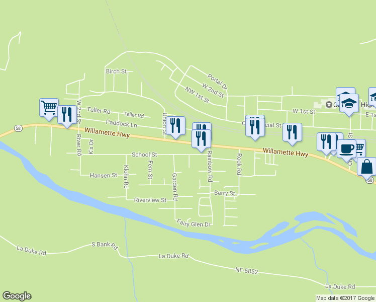 map of restaurants, bars, coffee shops, grocery stores, and more near 47695 School Street in Oakridge