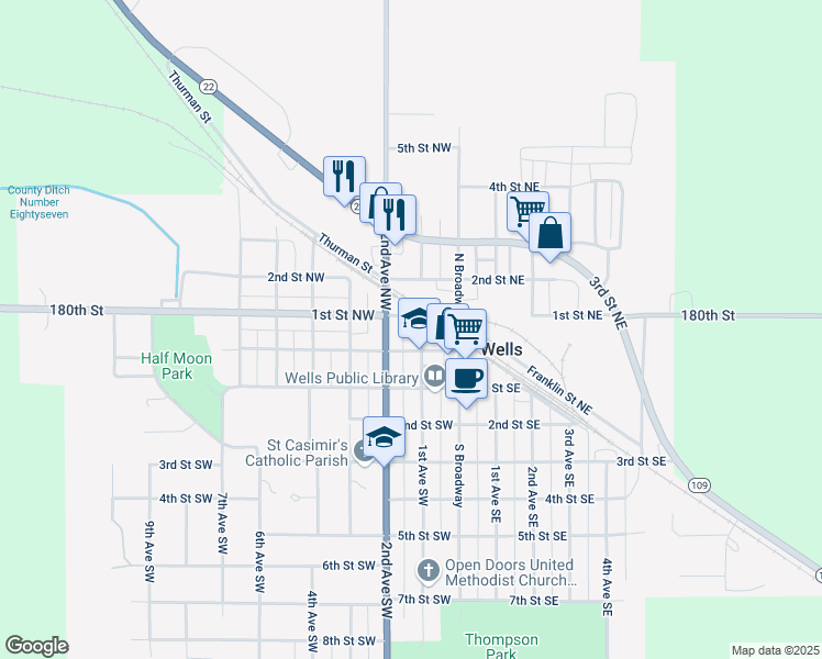 map of restaurants, bars, coffee shops, grocery stores, and more near 110 1st Avenue Northwest in Wells