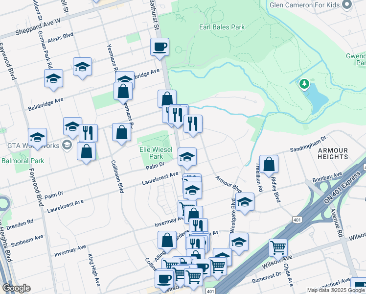 map of restaurants, bars, coffee shops, grocery stores, and more near in Toronto