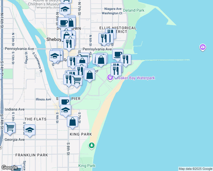 map of restaurants, bars, coffee shops, grocery stores, and more near 725 Blue Harbor Drive in Sheboygan