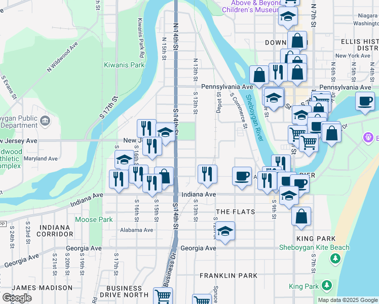 map of restaurants, bars, coffee shops, grocery stores, and more near 814 South 13th Street in Sheboygan