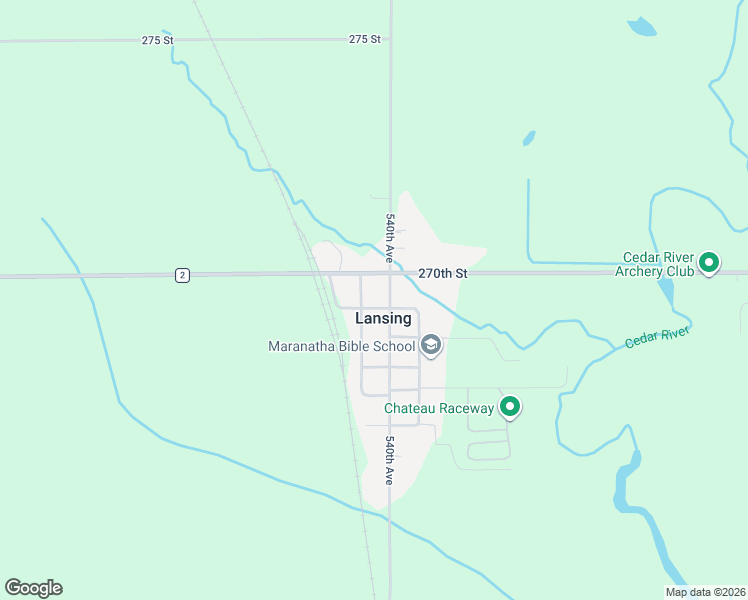 map of restaurants, bars, coffee shops, grocery stores, and more near 53938 269th Street in Lansing