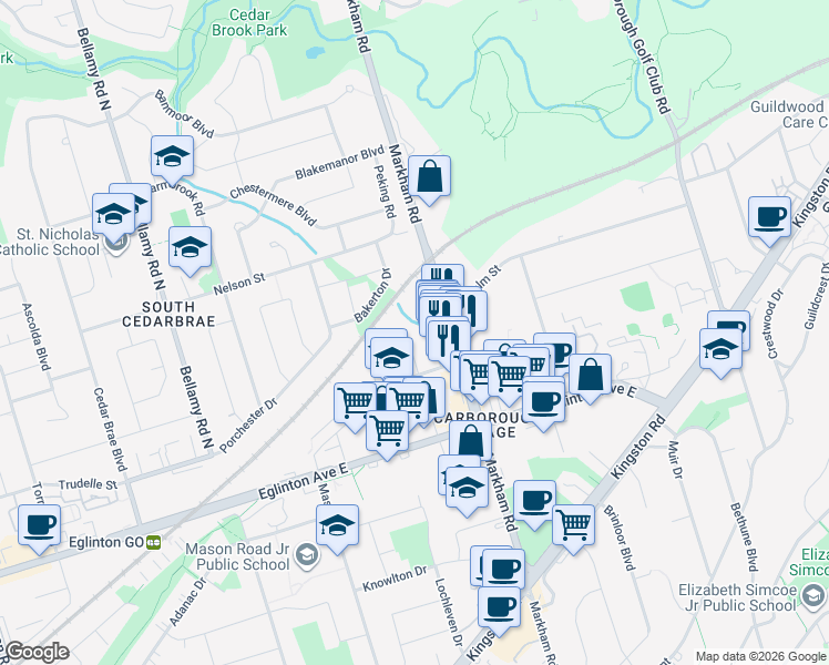 map of restaurants, bars, coffee shops, grocery stores, and more near 55 Centre Street in Toronto