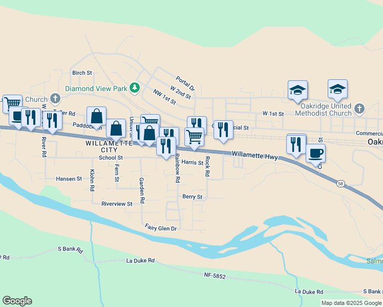map of restaurants, bars, coffee shops, grocery stores, and more near 47772 Oregon 58 in Oakridge