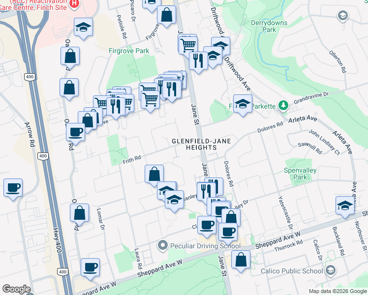 map of restaurants, bars, coffee shops, grocery stores, and more near 9 Frith Road in Toronto