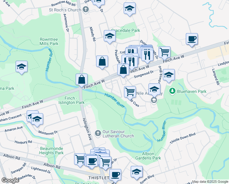 map of restaurants, bars, coffee shops, grocery stores, and more near 3033 Finch Avenue West in Toronto