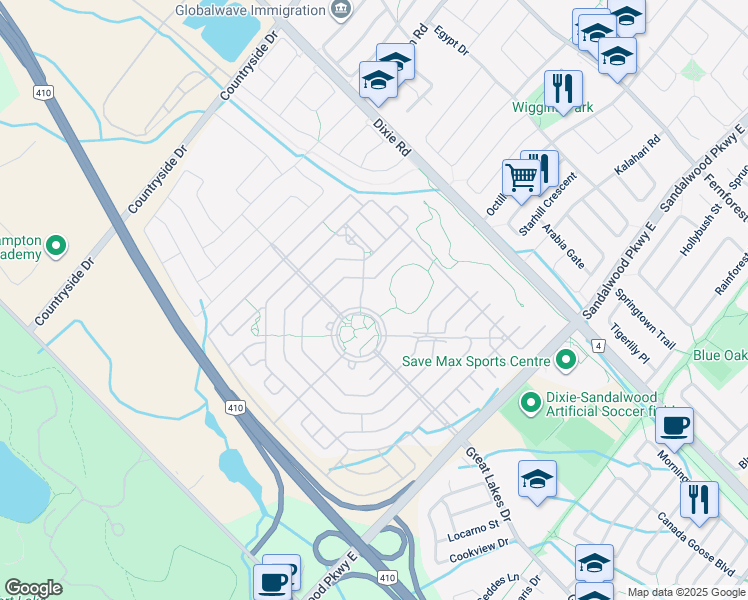 map of restaurants, bars, coffee shops, grocery stores, and more near in Brampton
