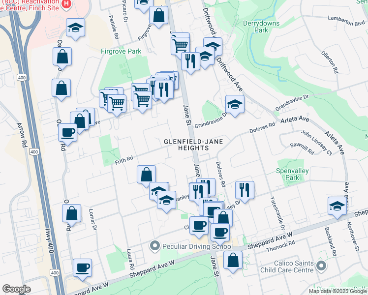 map of restaurants, bars, coffee shops, grocery stores, and more near 5 Frith Road in Toronto