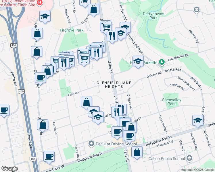 map of restaurants, bars, coffee shops, grocery stores, and more near 9 Frith Road in Toronto