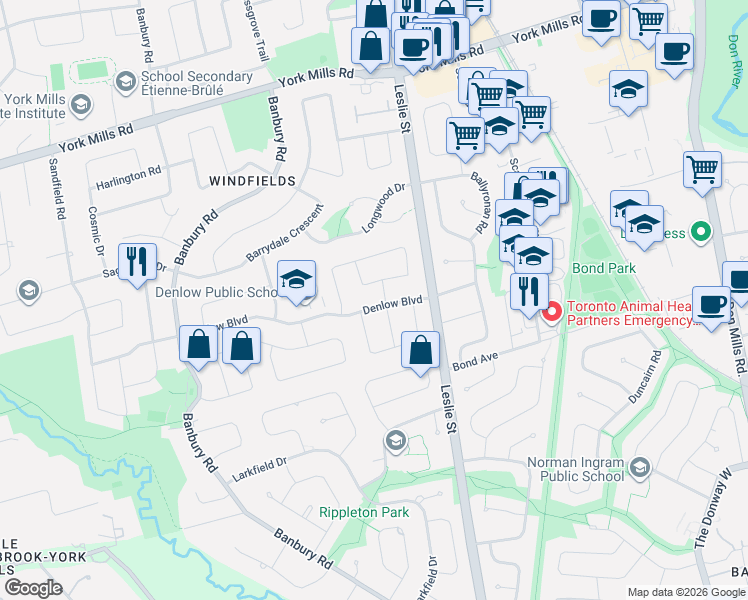 map of restaurants, bars, coffee shops, grocery stores, and more near 22 Denlow Boulevard in Toronto
