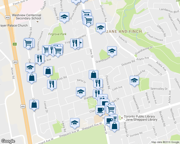 map of restaurants, bars, coffee shops, grocery stores, and more near in Toronto