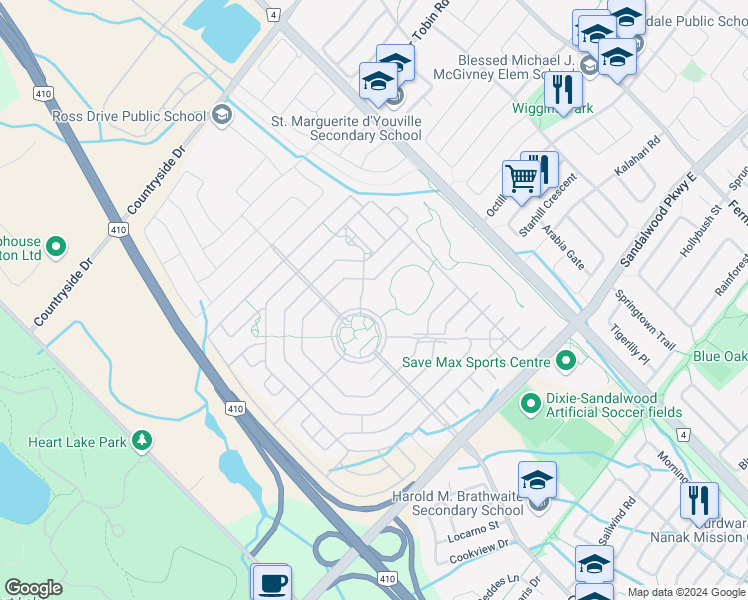 map of restaurants, bars, coffee shops, grocery stores, and more near in Brampton