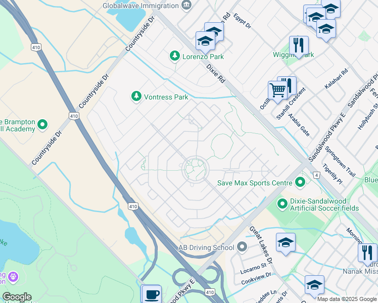 map of restaurants, bars, coffee shops, grocery stores, and more near in Brampton