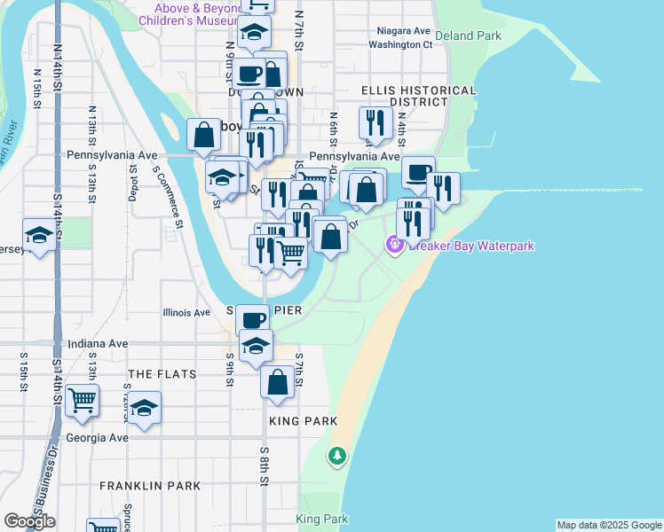 map of restaurants, bars, coffee shops, grocery stores, and more near 652 South Pier Drive in Sheboygan