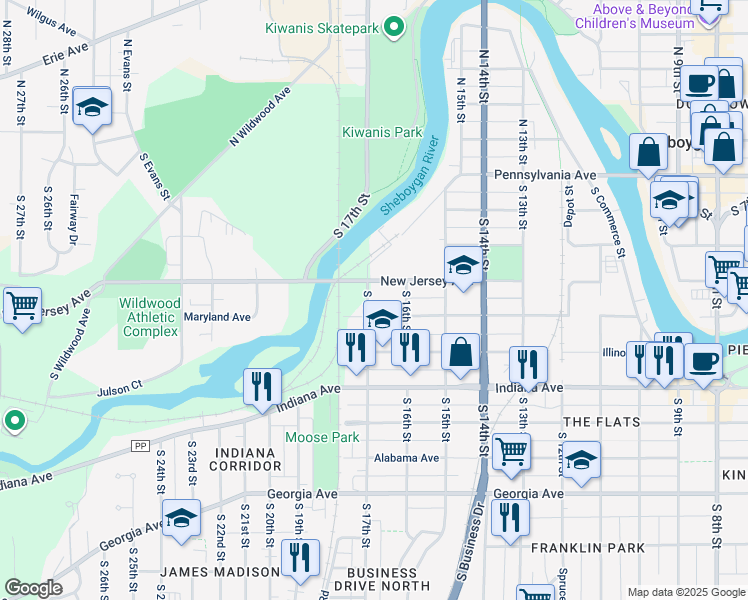 map of restaurants, bars, coffee shops, grocery stores, and more near 817 South 17th Street in Sheboygan