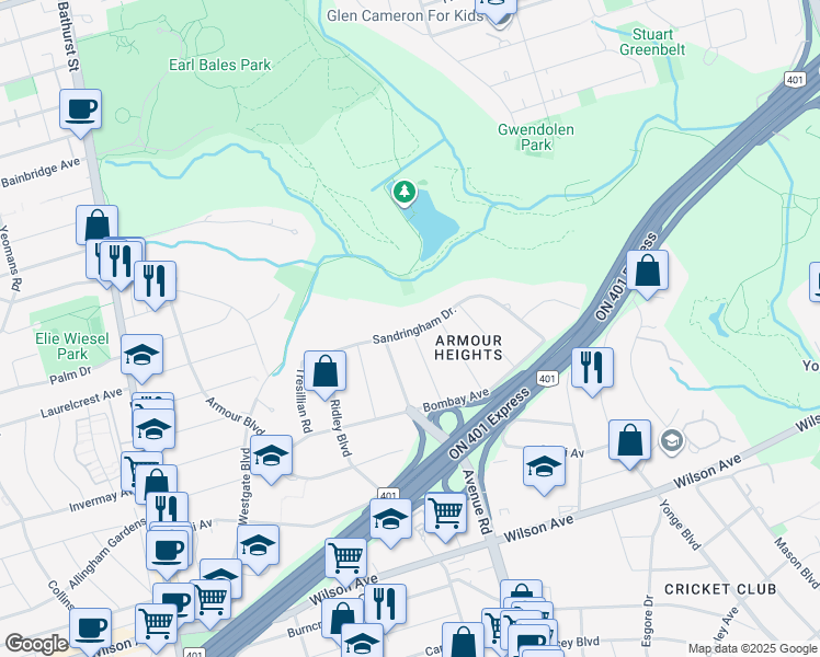map of restaurants, bars, coffee shops, grocery stores, and more near 158 Sandringham Drive in Toronto