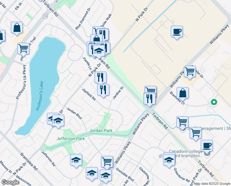 map of restaurants, bars, coffee shops, grocery stores, and more near 12 Jardine Street in Brampton
