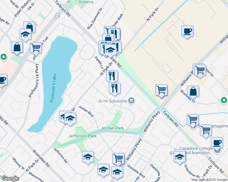 map of restaurants, bars, coffee shops, grocery stores, and more near 35 Jellicoe Crescent in Brampton